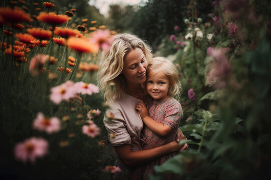 Mother and child in a warm embrace, conveying a sense of security and love. Surrounded by local flowers and vegetation, the scene is peaceful and serene, creating a calming atmosphere.
