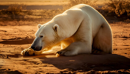 oso en el desierto calentamiento global IA generativa - obrazy, fototapety, plakaty