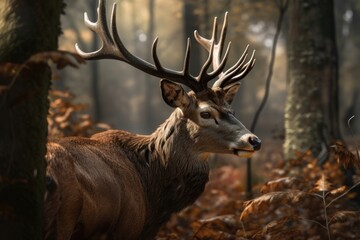 Naklejka na ściany i meble A royal deer with big antlers in the woods. AI generated