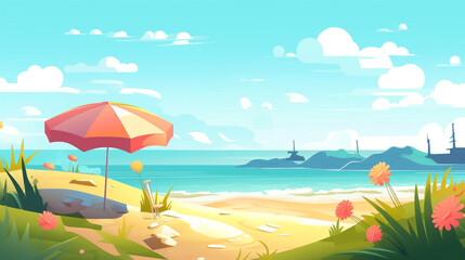 summer landscape with beach and umbrella, summer beach background, summer day illustration, generative ai
