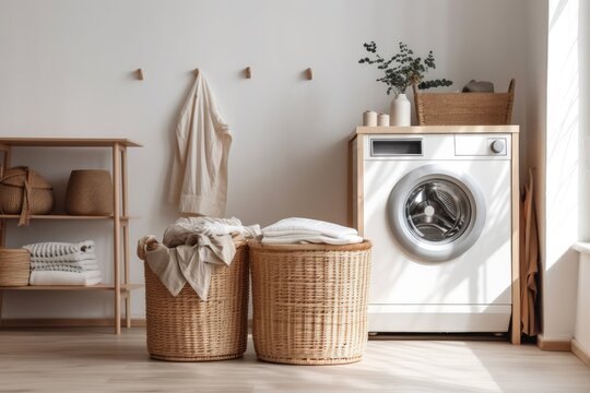 Modern washing machine and laundry basket near white wall, text space. Bathroom interior. Generative AI
