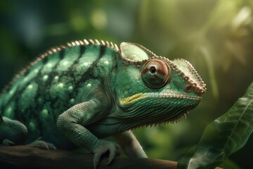 Obraz premium Beautiful green chameleon. AI generated