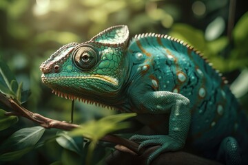 Beautiful green chameleon. AI generated