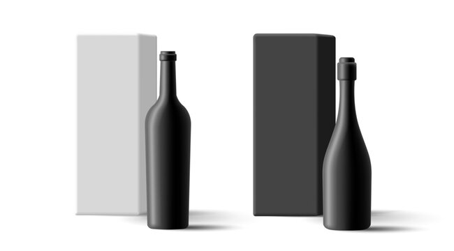 Modern 3d mockup of empty black bottles for wine, oil, black and white empty box for mockup design. Isolated image on white background.