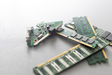 Fototapeta premium Macro Close up of computer RAM chip and motherboard on dark background