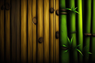 Brown bamboo wall and green bamboo plants background illustration for graphic design. Generative AI