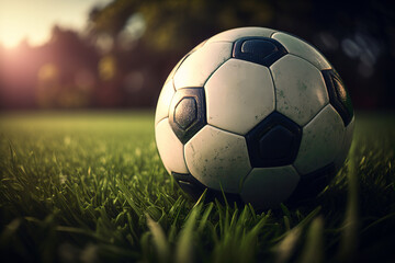 Soccer match ball on green grass on stadium. Generative AI.