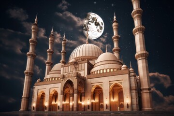 Fototapeta na wymiar Illustration of a mosque with golden moon and stars ornament. AI generated