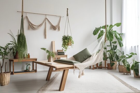 Wooden table in front of green sofa in white apartment with hammock and plants. Real picture. Generative AI