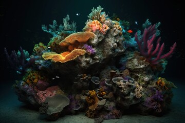 Naklejka na ściany i meble an underwater scene of corals and sea anemones on a dark background with a soft glow from the light coming from the top of the coral. generative ai