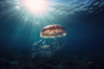 Fototapeta na wymiar a jellyfish swimming in the ocean with sunlight shining through the water's bubbles and water bubbles around it, with a blue background of blue water and sunlight. generative ai
