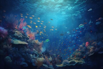 Fototapeta na wymiar a painting of a coral reef with lots of fish swimming around it and sunlight coming through the water's surface, with a blue sky background. generative ai