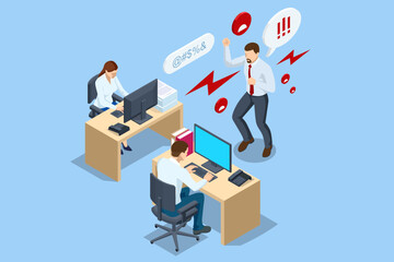Isometric Corporate Problems, Female Rights and Bullying Problem At Workplace. Businessman bullying a sad colleague that is sitting in her workplace at the office - obrazy, fototapety, plakaty