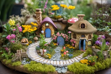 A whimsical fairy garden filled with colorful flowers, tiny fairy houses, and winding pathways. Generative AI