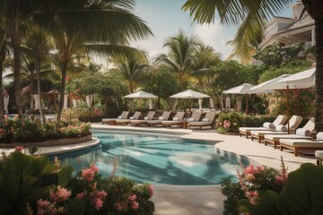 A tropical paradise with palm trees, exotic flowers, and a luxurious pool surrounded by lounge chairs and cabanas. Generative AI