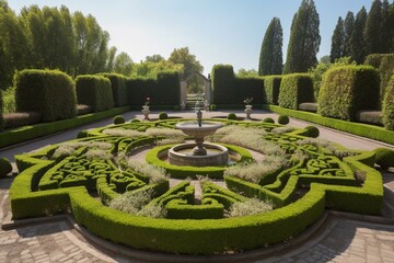 A classic French garden featuring manicured hedges, a central fountain, and symmetrical flower beds. Generative AI