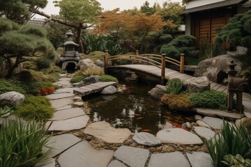Obraz premium A Japanese-inspired garden with a koi pond, a wooden bridge, and carefully placed rocks and shrubs. Generative AI