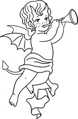 Cute little imp playing on trumpet. Vector outline for coloring book