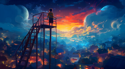 A Illustration of a kid on top of a ladder looking at the magical town going to sleep, AI Generative