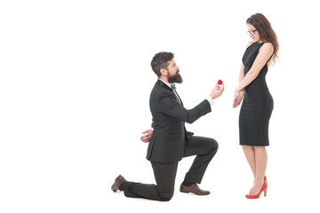 jewelry for engagement. couple getting engaged. romantic date surprise. family life anniversary. tuxedo man proposing elegant woman marry him. couple in love. valentines day gift. gift with love