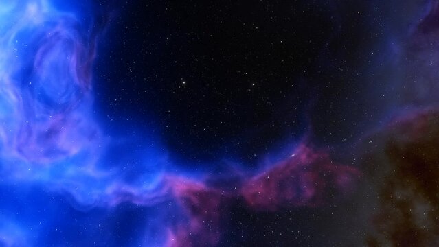 Traveling through space nebula and star fields in deep space. 3D animation
