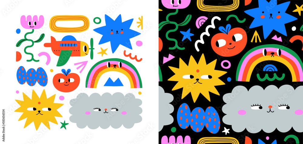 Poster set of colorful abstract shape kid cartoon character illustration. trendy 90s style funny children a