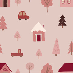 Winter houses for Christmas and retro car with a fir tree. Christmas fabrics and decor. Seamless pattern.
