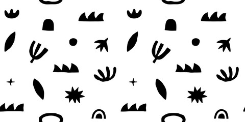 Abstract black and white leaf shape seamless pattern. Trendy contemporary nature art cutout background illustration. Natural organic plant leaves artwork wallpaper print. Vintage summer texture.