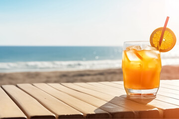 Fresh orange punch cocktail on wood table. Tropic summer vacation. Exotic drinks on blur tropical beach background. generative ai
