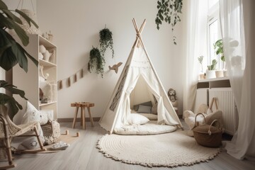 Fototapeta na wymiar Warm white baby nursery with cradle and play tent. Generative AI