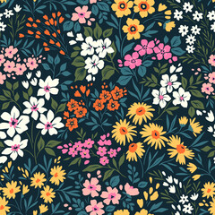 Seamless vector floral pattern. Liberty background of bright colorful realistic flowers. Print with bouquets of flowers from the garden. Bright yellow, white and pink  flowers, dark blue background.