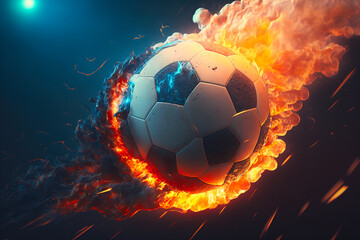 Naklejka premium Burning soccer ball like a comet on a dark background. Generative AI