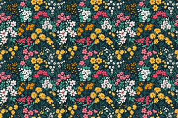 Vector seamless pattern. Pretty pattern in small flowers. Small pink, white and yellow flowers. Dark blue background. Ditsy floral background. Trendy template for fashion prints. Stock vector.