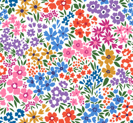 Beautiful floral pattern in small abstract flowers. Small colorful flowers. White background. Ditsy print. Floral seamless background. The gentle template for fashion prints. Stock pattern.