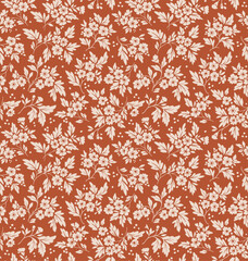 Vintage floral background. Floral pattern with small  flowers on a  terracotta background. Seamless pattern for design and fashion prints. Ditsy style. Stock vector illustration.