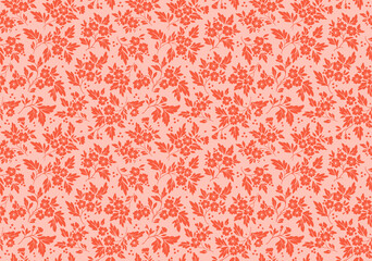 Vintage floral background. Floral pattern with small orange flowers on a pink background. Seamless pattern for design and fashion prints. Ditsy style. Stock vector illustration.