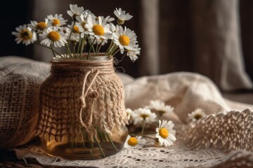 Obraz na płótnie Canvas Chamomile in a Boho glass vase. Boho decor. Flowery linen. Generative AI