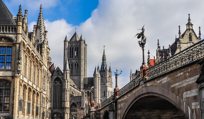 Fototapeta premium Ghent old town skyline and Saint Nicholas Church, historic city centre, Gent Belgium travel photo