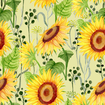 Seamless floral pattern-236. Sunflowers on a yellow background 3, hand drawn watercolour illustration.