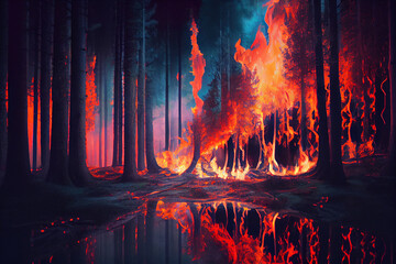 Fire in the forest: a flaming element among the trees. AI Generated