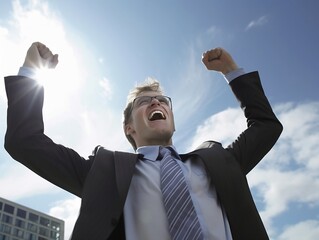 businessman with glasses, victory gesture, ai generated