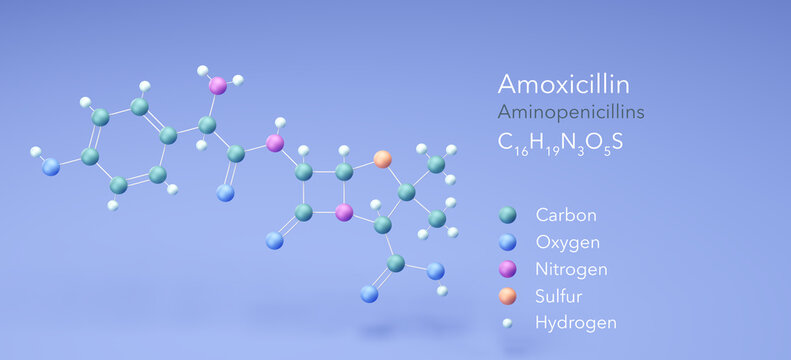 amoxicillin molecule, molecular structures, aminopenicillins, 3d model, Structural Chemical Formula and Atoms with Color Coding