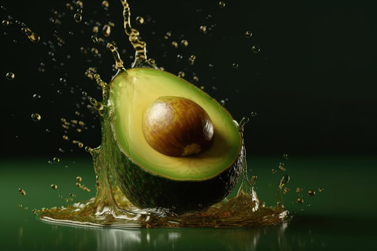 Levitation sliced avocado with drops of oil splash , isolated on green background, organic healthy, flying food. AI generative