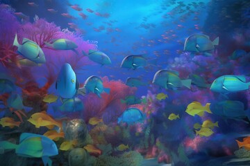 Naklejka na ściany i meble a painting of a coral reef with many different types of fish swimming around and under it is blue and has many colors of algae and corals. generative ai