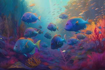 Naklejka na ściany i meble a painting of a group of fish swimming in a coral reef with corals and algaes around them, with sunlight streaming through the water. generative ai