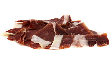 Iberico ham, isolated on white background. Spanish delicatessen concept.