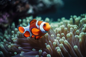 Fototapeta na wymiar a clown fish swimming in an anemone sea anemone anemone anemone anemone anemone anemone anemone anemone anemone. generative ai