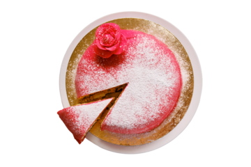 Red cake covered with marzipan or mastic with a cut piece, copy space, isolated on a white background