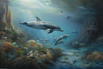 Fototapeta na wymiar a painting of dolphins swimming in the ocean by a coral reef with other fish and other marine life around them and under the water surface. generative ai