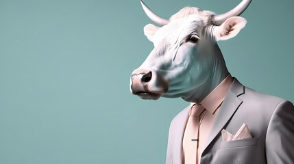 Elegant cow with dress suit, cow for a special occasion. Cow businessman in jacket, shirt, bow tie or tie and hat. Pastel colors and backgrounds. Business animals in suit jackets.
